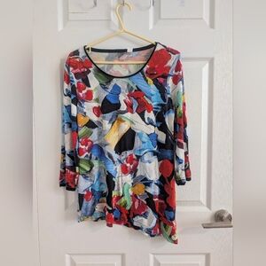 Dolcezza Art Design Asymmetric Hem Top 3/4 Sleeve Abstract Print Embellished - M